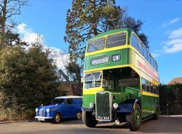 Green vintage bus for weddings in  Stow on the Wold